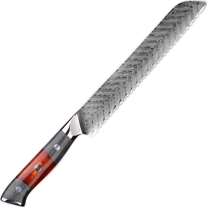 Cutit de bucatarie damasc IZMAEL YA-37553, rosu/gri, lama 20, 7cm, pentru paine