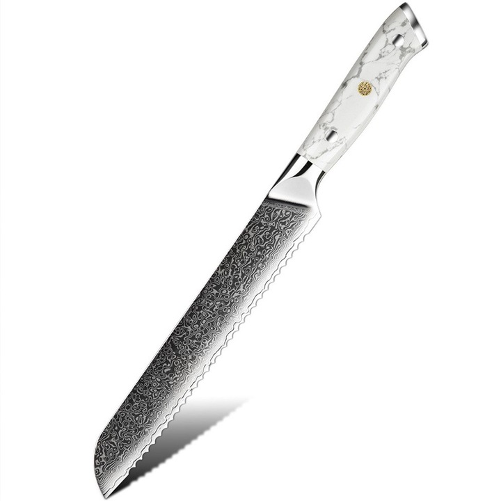 Cutit de bucatarie damasc IZMAEL YU-37516, maner alb, lungime lama 21cm, grosime 2mm