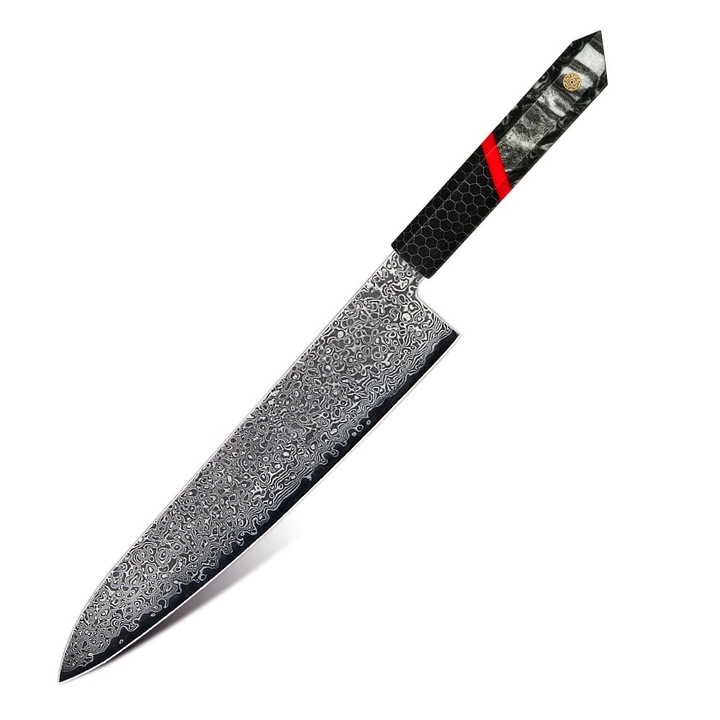 Cutit de bucatarie damasc IZMAEL ZA-37455, negru/rosu, lama 23cm, maner ergonomic