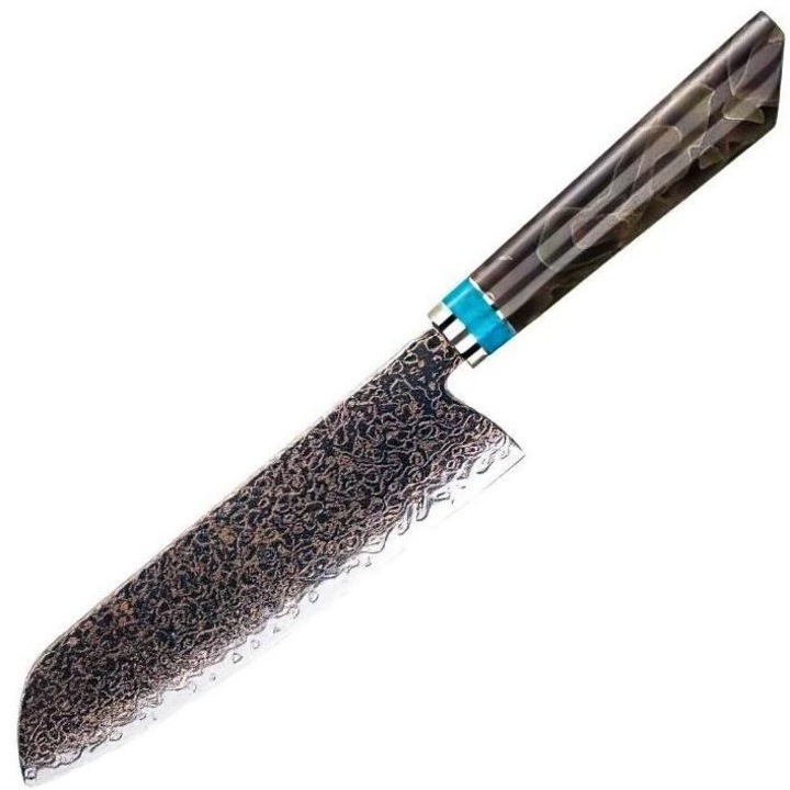 Cutit de bucatarie Santoku IZMAEL, damasc, maro/albastru, 18.3cm