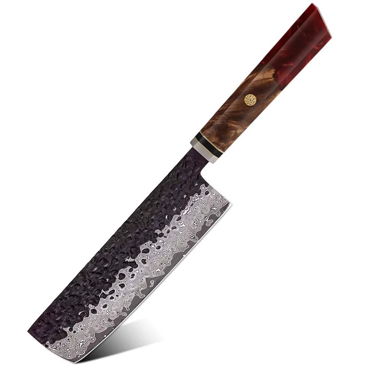 Cutit de bucatarie Nakiri, IZMAEL, otel damasc VG-10, 17.5cm, rosu