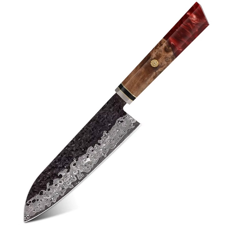 Cutit de bucatarie Santoku IZMAEL, otel VG-10, lama 16.5cm, maner lemn multicolor