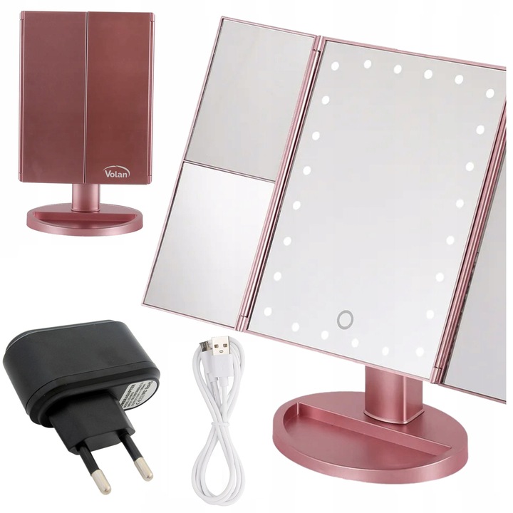Oglinda Pentru Machiaj Cosmetica Cu Iluminare 22x LED si Marire 1X/2X/3X, VOLAN®, Intensitate reglabila lumina si Touch Switch, Rotire, Alimentare USB inclusa, Aur Roz