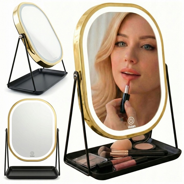 Oglinda Pentru Machiaj PREMIUM lucioasa Cosmetica Cu Iluminare LED, Metal, VOLAN® Luxy, 3 culori de iluminare, cu recipient pentru accesorii, Intensitate reglabila si Touch Switch, Auriu cu Negru