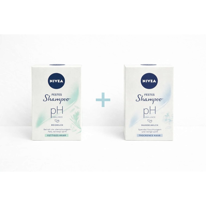 Sampon solid Nivea, pH Balace, pentru par gras, cu lapte de orez, 75 g+Sampon solid Nivea, pH Balace, pentru par uscat, cu lapte de migdale, 75 g