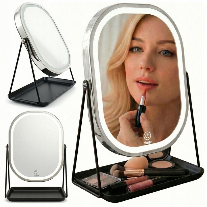 Oglinda Pentru Machiaj PREMIUM lucioasa Cosmetica Cu Iluminare LED, Metal, VOLAN® Luxy, 3 culori de iluminare, cu recipient pentru accesorii, Intensitate reglabila si Touch Switch, Argintiu cu Negru