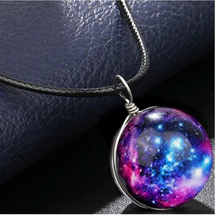 Colier IZMAEL Universe Tip6, 44cm, pandantiv sticla 2cm, negru, roz/albastru