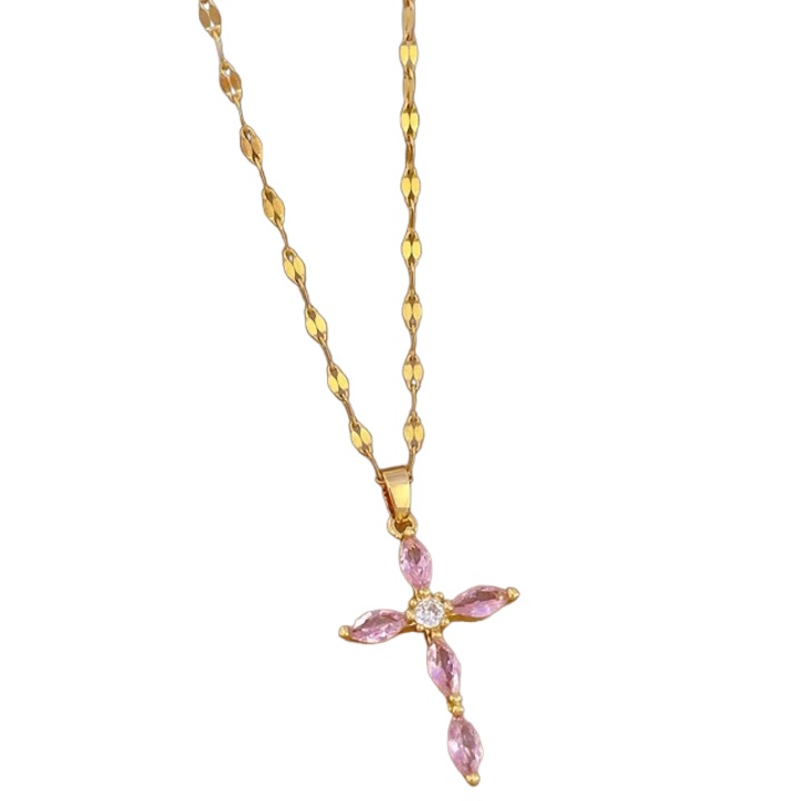 Colier IZMAEL FA-29411, roz-aurie, 36cm+3cm, pandantiv crucișor