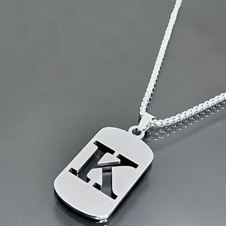 Colier IZMAEL BR-34034, argintie, 56cm, pandantiv litera K 4x2, 2cm