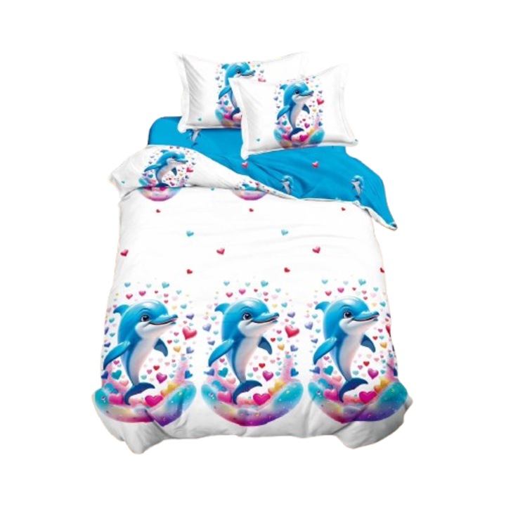 Lenjerie de pat, 1 persoana, fara elastic, 140X200, cm, Imprimeu delfini si inimioare