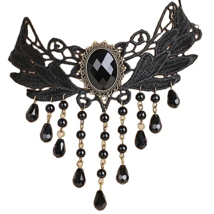 Colier IZMAEL KA-27498, bumbac, margele negre, 34x5cm