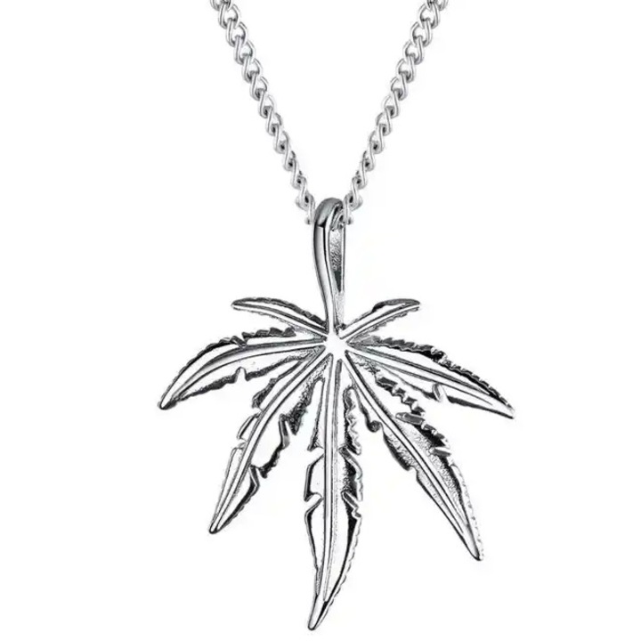 Colier IZMAEL cu pandantiv frunze de canabis, argintiu, 54cm, aliaj