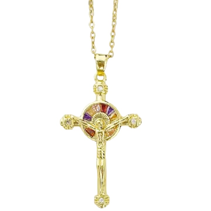 Colier IZMAEL, model Golden Cross, auriu, 36cm, pandantiv 3, 5x2cm