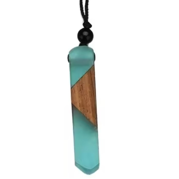 Colier IZMAEL, pandantiv lemn și rășină, verde 2, 6x1cm