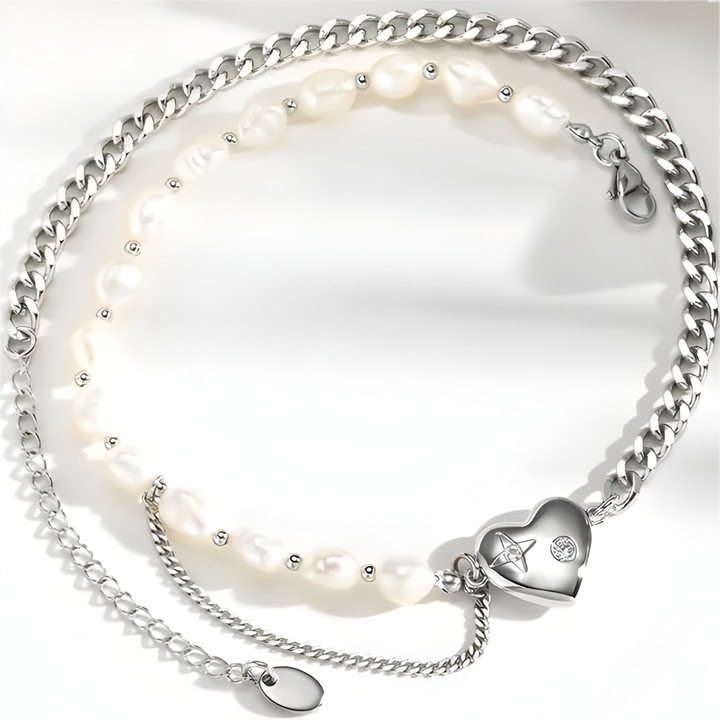 Colier dama IZMAEL MB-38965, argintiu/Alb, lungime 36+6cm, pandantiv in forma de inima