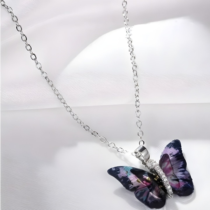 Colier femei IZMAEL Fluture Argintiu, violet închis, roz, 38x5cm