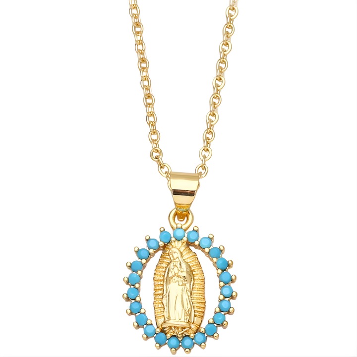 Colier Fecioara Maria, IZMAEL, aurie/albastră, aliaj, 44cm