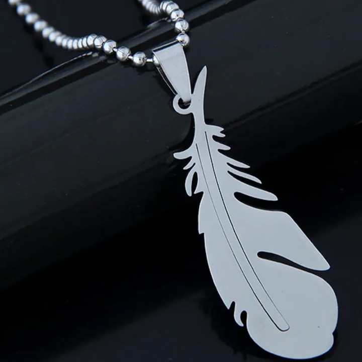 Colier IZMAEL SI-34158 Feather, argintiu, 54cm, pandantiv 5x1, 7cm