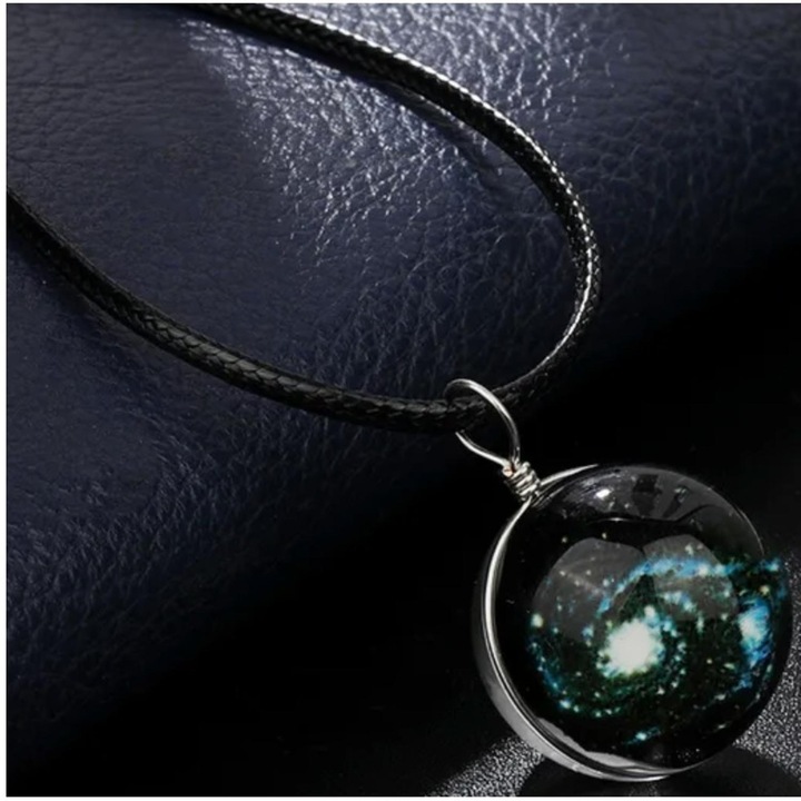 Colier IZMAEL Universe Tip9, pandantiv glob sticlă, negru, 44cm+4, 5cm