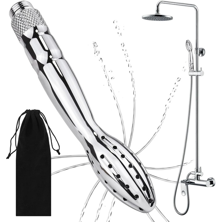 Accesoriu dus pentru clisma, Buyya®, 48 de gauri, aluminiu antirugina, 3/4", 19 x 2, 7 cm, unisex, instalare usoara, Portabil si usor de folosit, Reutilizabil, cu punga de flanel pentru clisma, argintiu