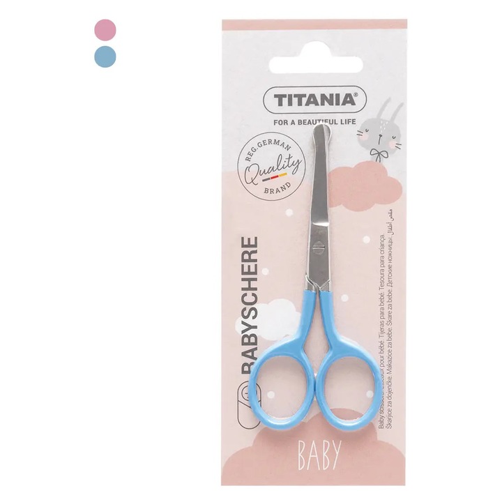 Foarfeca pentru bebelusi Titania, inox, albastru/roz, 10cm