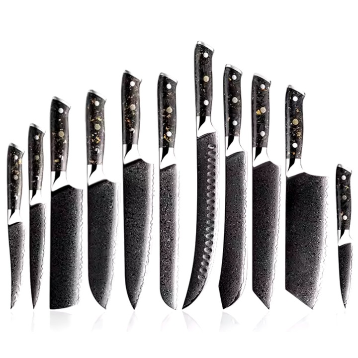 Комплект кухненски ножове IZMAEL WA-35136, 11 части, дамаска стомана, черни дръжки със златно фолио