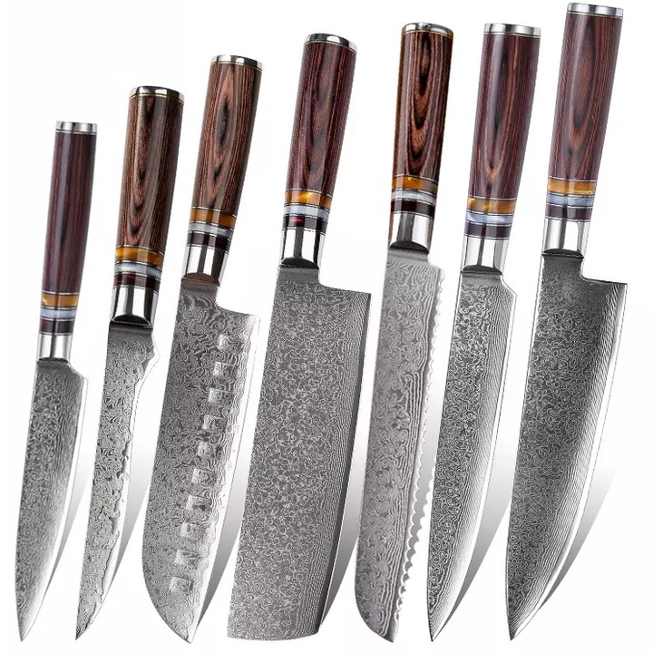 Комплект кухненски ножове дамаск IZMAEL KA-20050, 7 броя, сребрист с цветна дръжка, стомана VG-10, HRC60+/-2