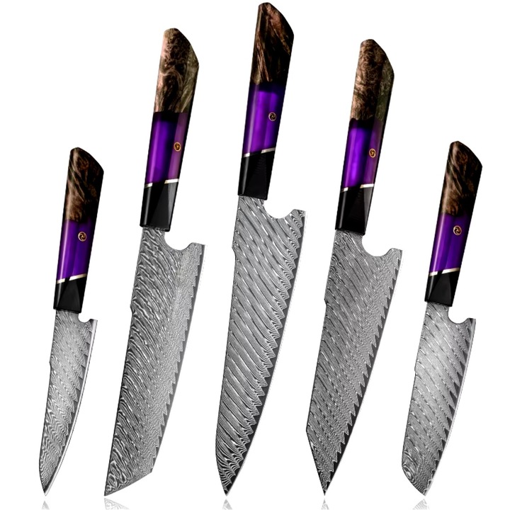 Комплект кухненски ножове IZMAEL TO-35119, дамаска стомана, 5 броя, лилаво-кафяв, различни размери