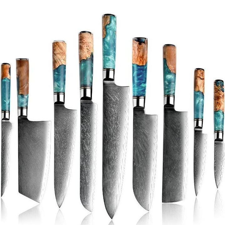 Комплект кухненски ножове IZMAEL дамаск SH-38067, 9 части, син, дължина на острието 23.5 см