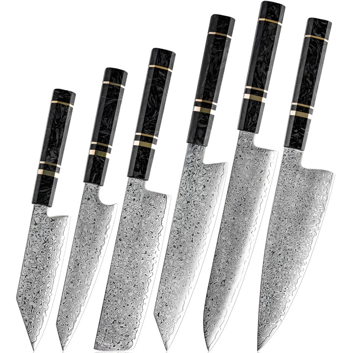 Комплект кухненски ножове дамаск IZMAEL EX-39268, 6 броя, черен, острие от неръждаема стомана, дължини 14-22.5 см