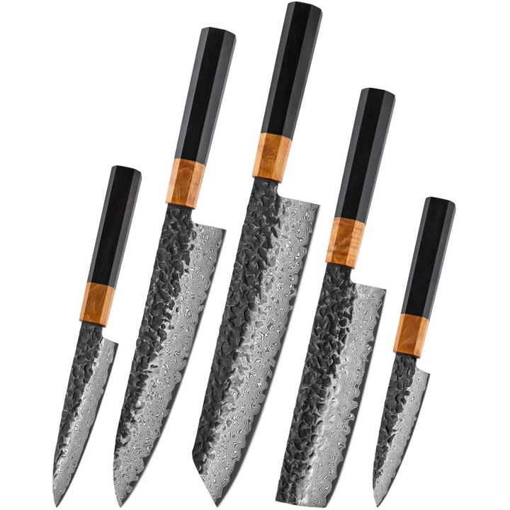 Комплект кухненски ножове дамаска стомана IZMAEL WO-39272, 5 броя, стабилизирано дърво, тъмнокафяв