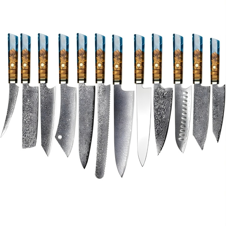Комплект кухненски ножове IZMAEL от дамаска стомана, 12 броя, син, дръжки от кленово дърво, различни размери