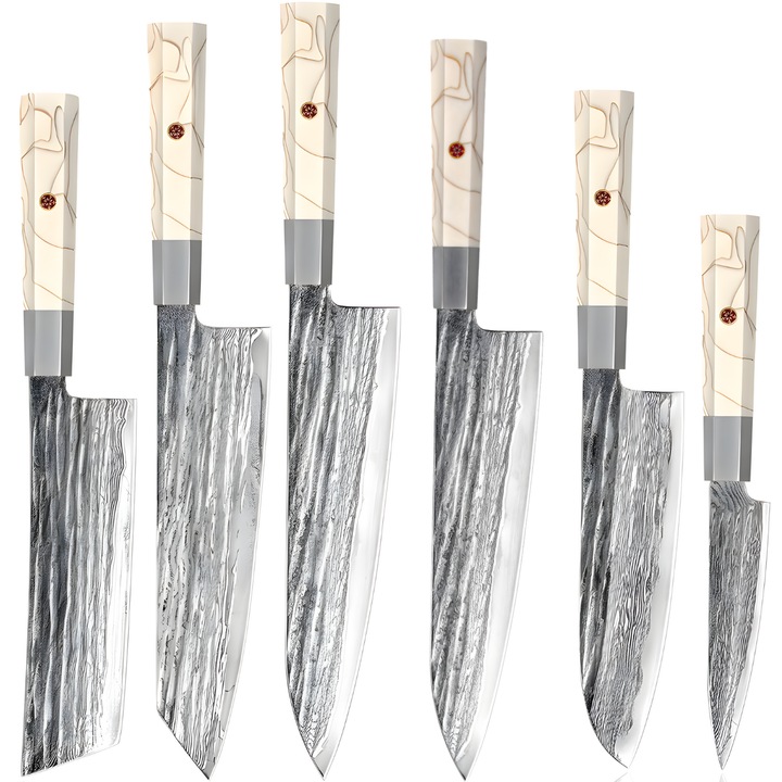 Комплект кухненски ножове IZMAEL от дамаска стомана, 6 броя, бели дръжки, сребрист, различни размери