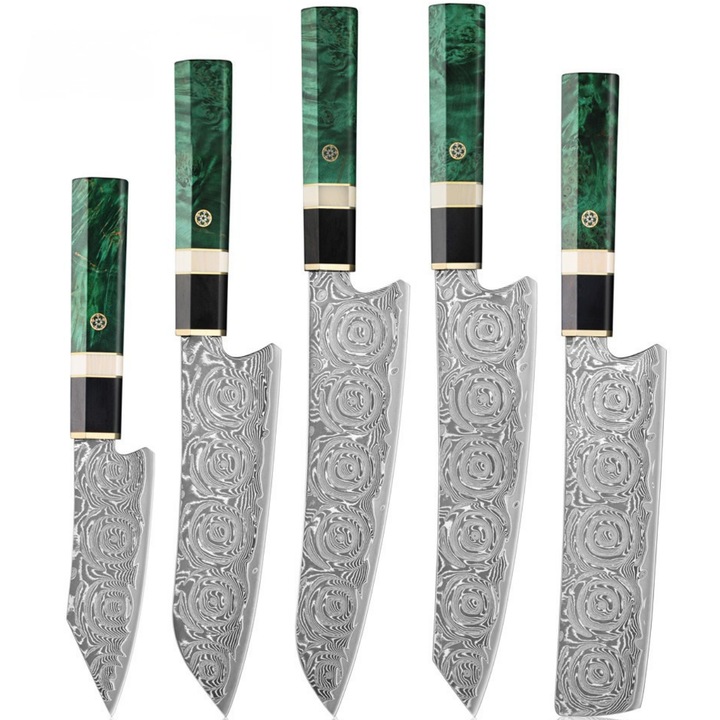 Комплект кухненски ножове IZMAEL от дамаска стомана, зелен, 5 броя, острие 21 см