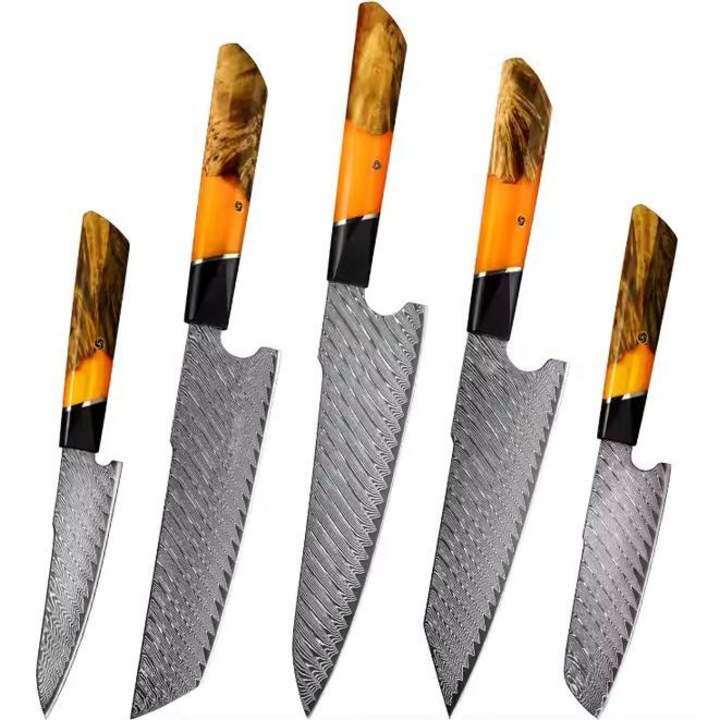 Комплект кухненски ножове IZMAEL дамаск KU-38063, 5 части, оранжеви, различни размери
