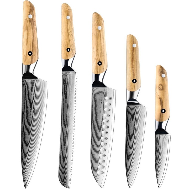 Комплект кухненски ножове IZMAEL AU-38064, дамаска стомана, 5 части, кафяв, маслиново дърво