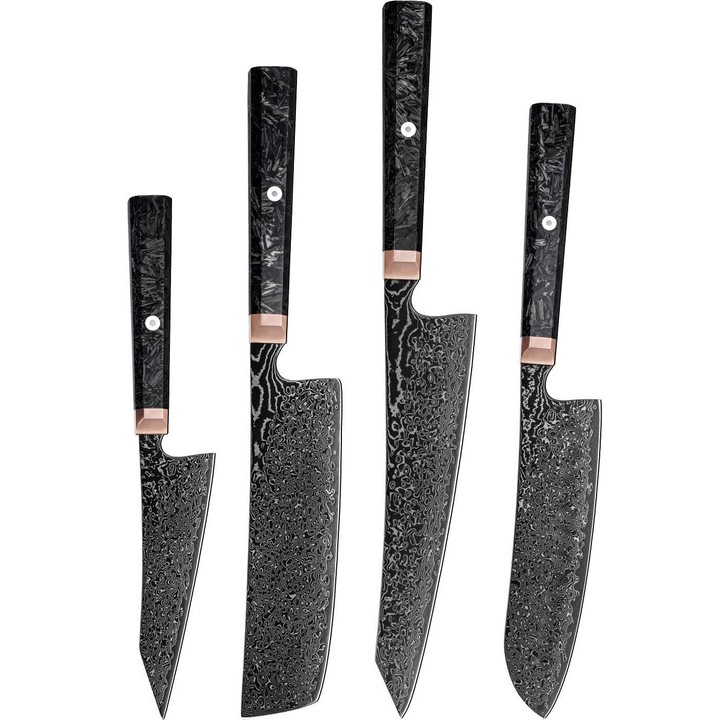 Комплект кухненски ножове IZMAEL RY-38068, дамаска стомана, дръжки от въглеродни влакна, черен, 4 броя