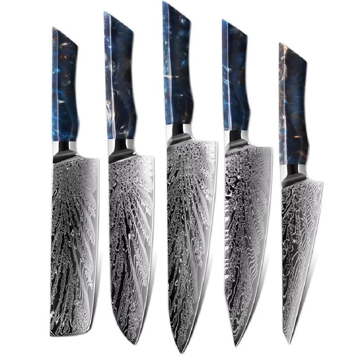Комплект кухненски ножове IZMAEL SE-37606, 5 части, дамаска стомана, сини дръжки, 29, 1x34, 5см