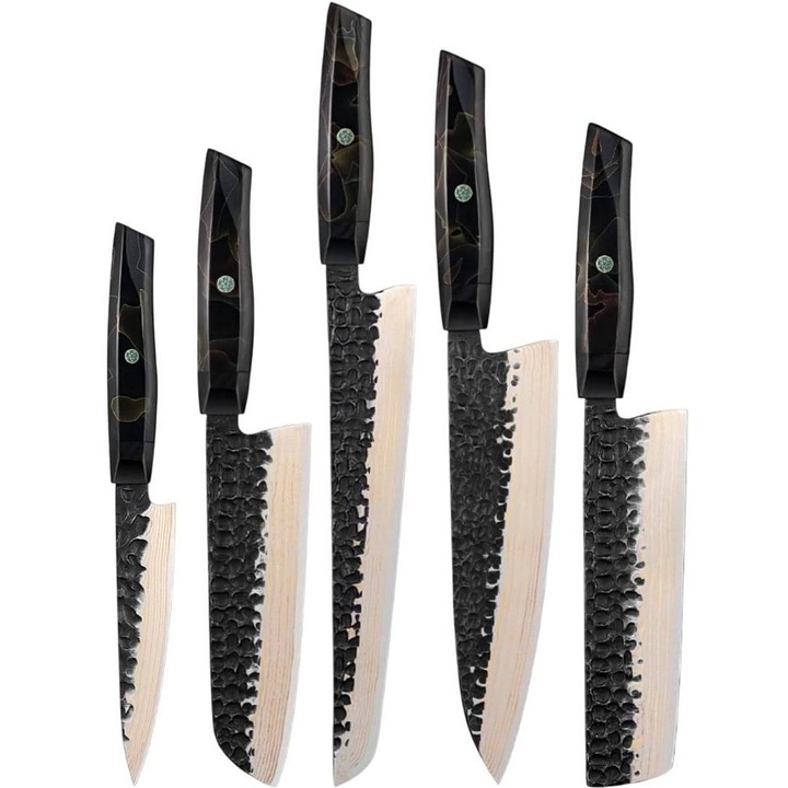Комплект кухненски ножове IZMAEL ZA-37586, 5 броя, черно/кафяво, неръждаема стомана, 37 слоя дамаска стомана