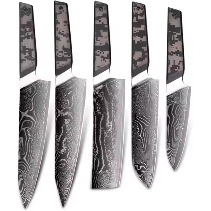 Комплект кухненски ножове IZMAEL дамаск TA-37579, 5 части, черно/сиво, дамаска стомана, дръжки от стабилизирано дърво