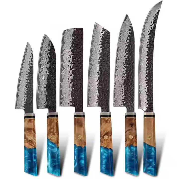 Комплект кухненски ножове IZMAEL от дамаска стомана, 6 броя, сребрист с кафяво-синя дръжка, 29x38.5см