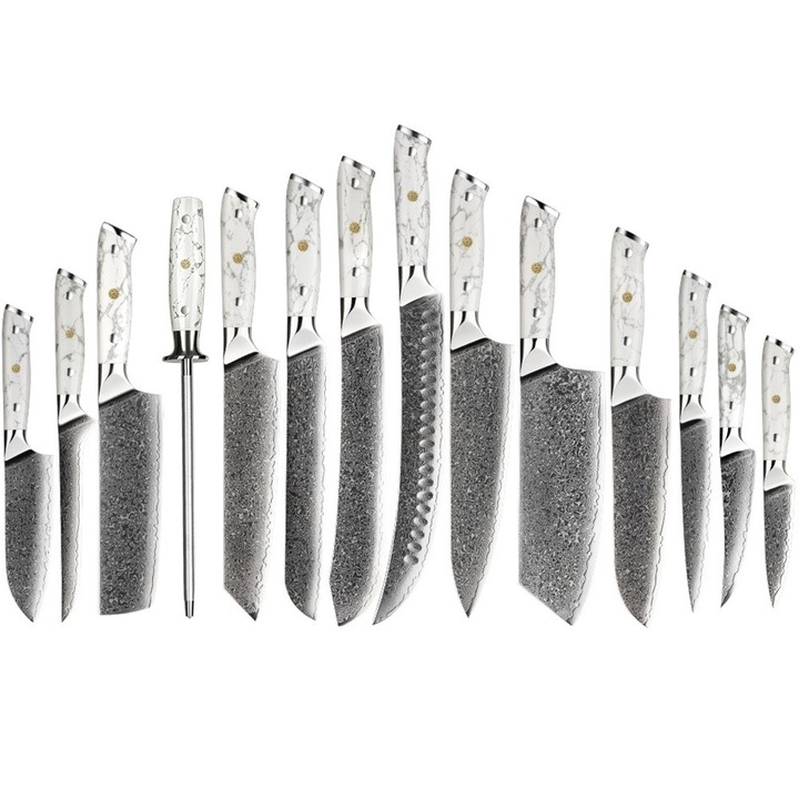 Комплект кухненски ножове дамаск IZMAEL YU-37538, 14 части, мраморна дръжка, бял