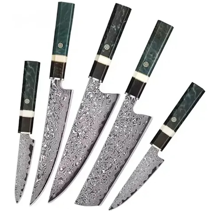 Комплект кухненски ножове дамаск IZMAEL ZE-37498, 5 броя, зелен/черен, дамаска стомана, различни дължини