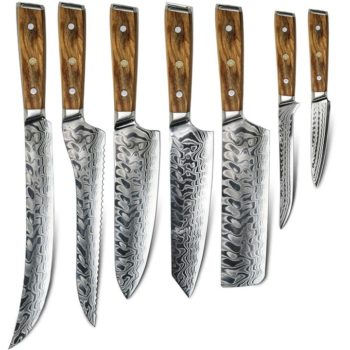 Комплект кухненски ножове дамаск IZMAEL YU-37494, 7 ножа, дървени дръжки, кафяв