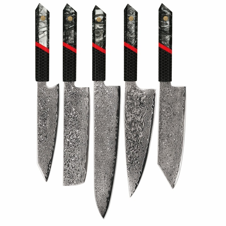 Комплект кухненски ножове IZMAEL ZA-37462, 5 броя, черен/червен, дамаска стомана, различни размери