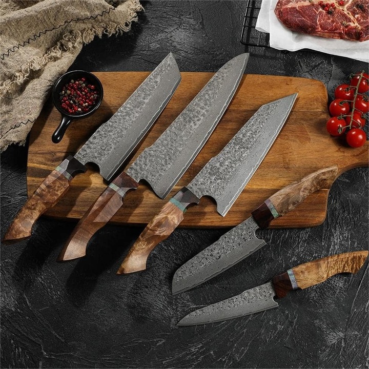 Комплект кухненски ножове дамаска стомана IZMAEL YU-37468, 5 части, кафяв, ергономичен, дамаска стомана