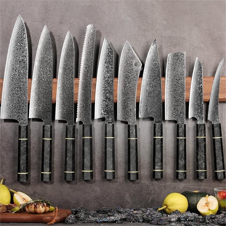 Комплект кухненски ножове IZMAEL TS-37460, 67-слойна дамаска стомана, черни G10 дръжки, 10 части