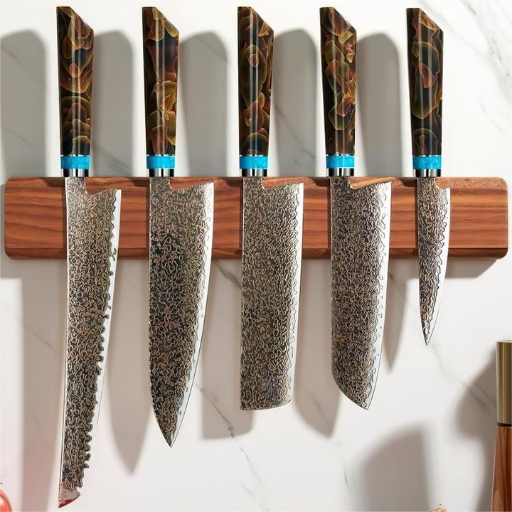 Комплект кухненски ножове дамаск IZMAEL ZE-37413, кафяв/син, 5 части, дръжки от месинг и лята смола