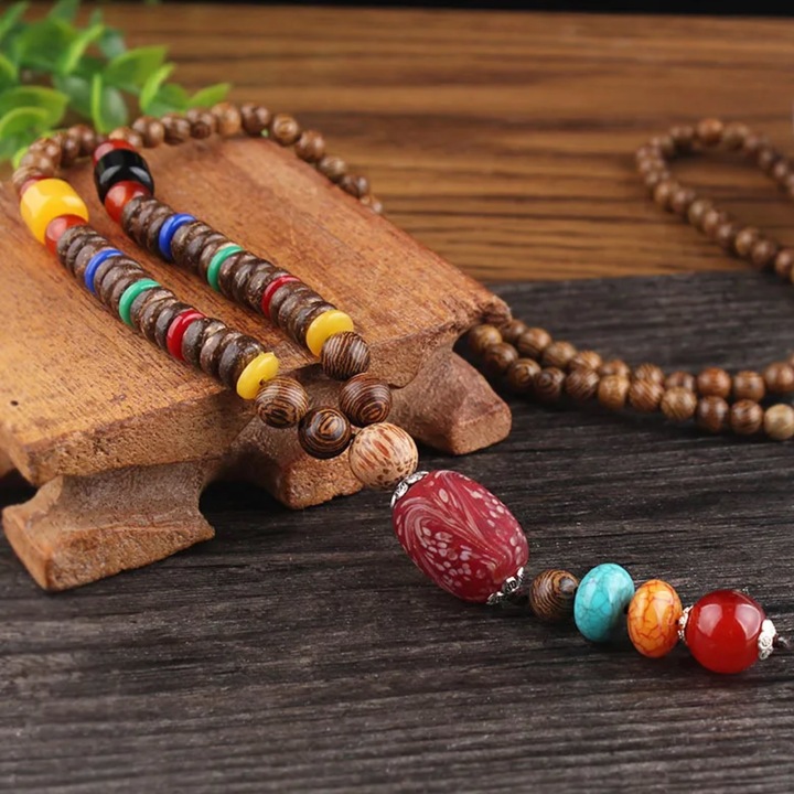 Colier IZMAEL AL-34072, 78cm, margele de lemn, multicolor