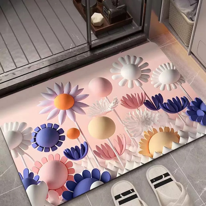 Covor 3D din silice set 2 bucăți, design pictură în ulei, absorbant, mov, 40x60 cm, 50x80 cm